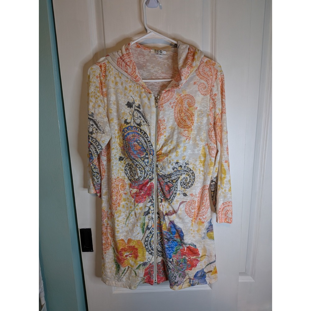 Paris IQ Womens XL Paisley Floral Zip Up Hoodie 3/4 Sleeve Lightweight